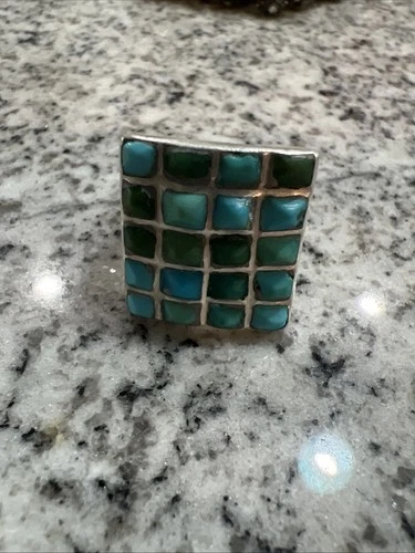 VINTAGE BEAUTY ZUNI INDIAN SILVER MULTI STONE SQUARE TURQUOISE RING SIZE 10.5