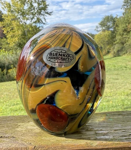 Blenko Glass Paperweight - Red Yellow Blue Swirl
