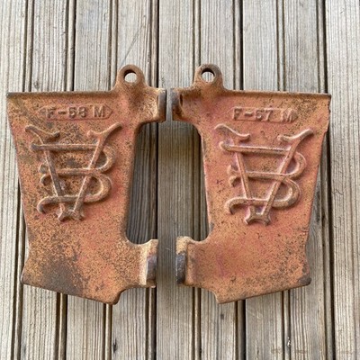 Vintage Van Brunt John Deere Grain Drill Cast Iron Seeder End Caps Matched Pair