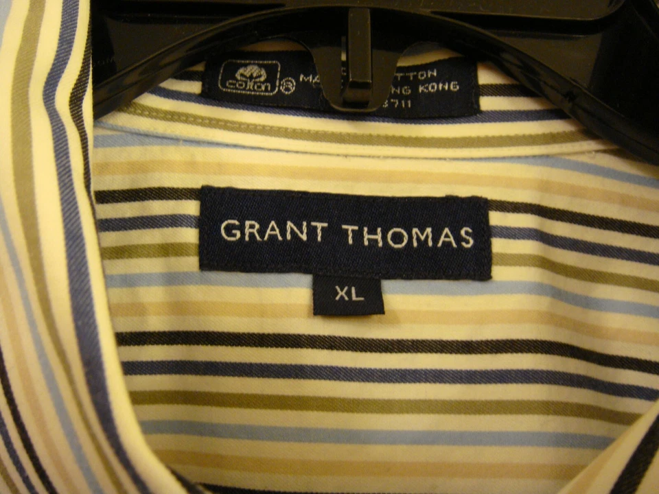 男式 Grant Thomas 蓝色条纹棉纽扣长袖礼服衬衫 XL 码 — 第 2/4 张图片