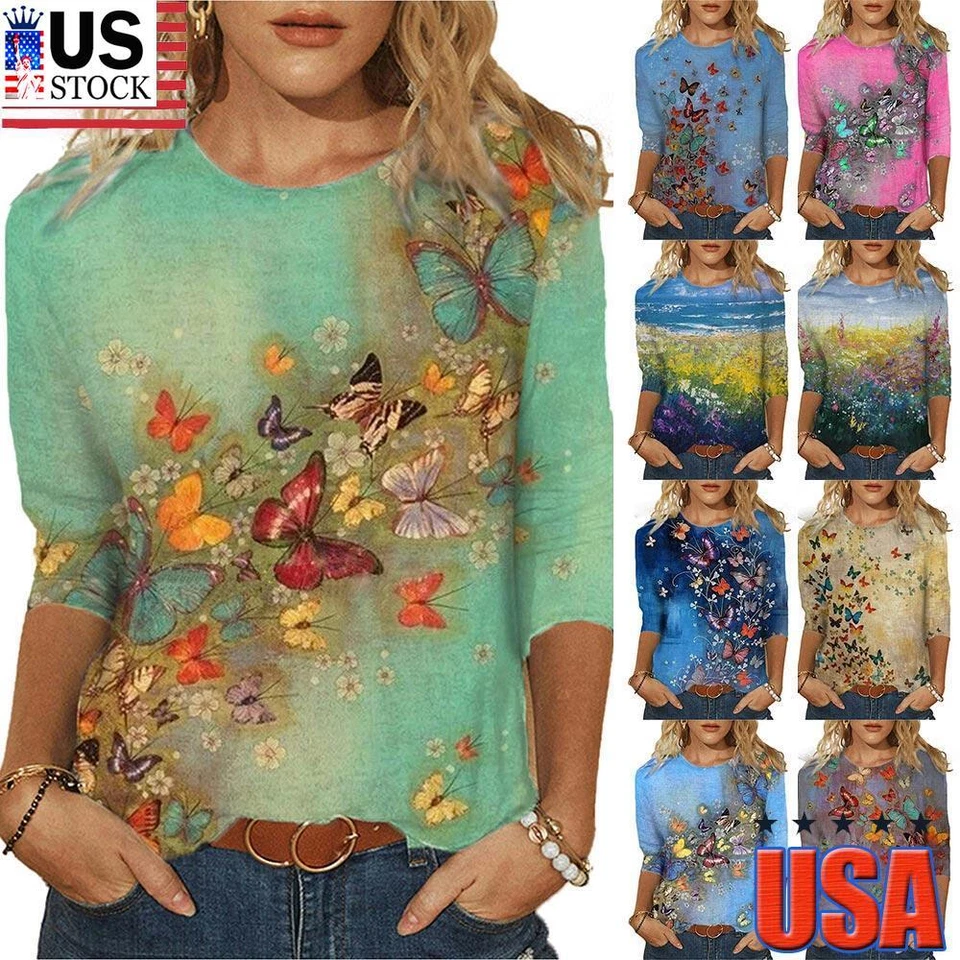 Womens Floral Print 3/4 Sleeve T-Shirt Ladies Casual Loose Blouse Tops Plus  Size | eBay