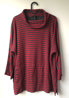 Talbots Womens Cowl Neck Tunic 3/4 Sleeve Kangaroo Pocket Striped Red Gray XL