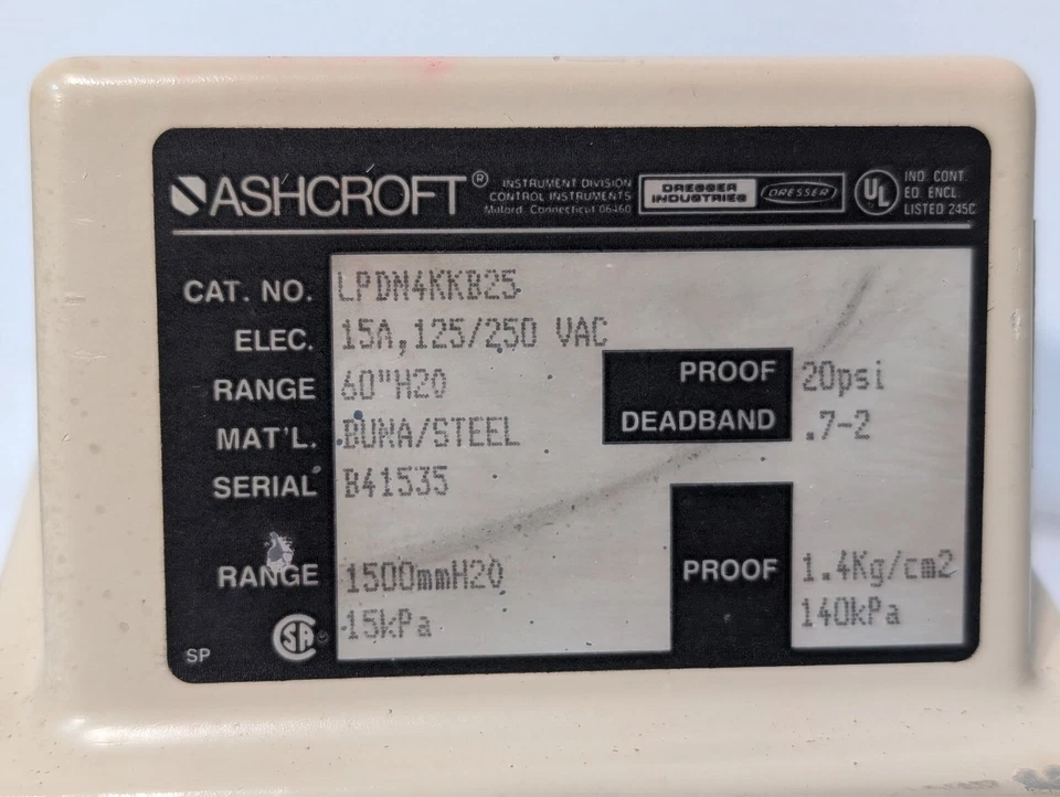 Переключатель давления передатчик Ashcroft LPDM4KKB25 20 фунтов на кв. дюйм 15 А 125/250 В переменного тока - бесплатная доставка - Изображение 2 из 4