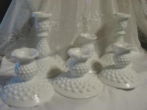 Fenton Hobnail milk glass candle holders, vintage - 3 sets