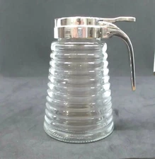 Clear Pattern Glass Syrup Server Pitcher With Metal Top Pour Spout & Handle VTG