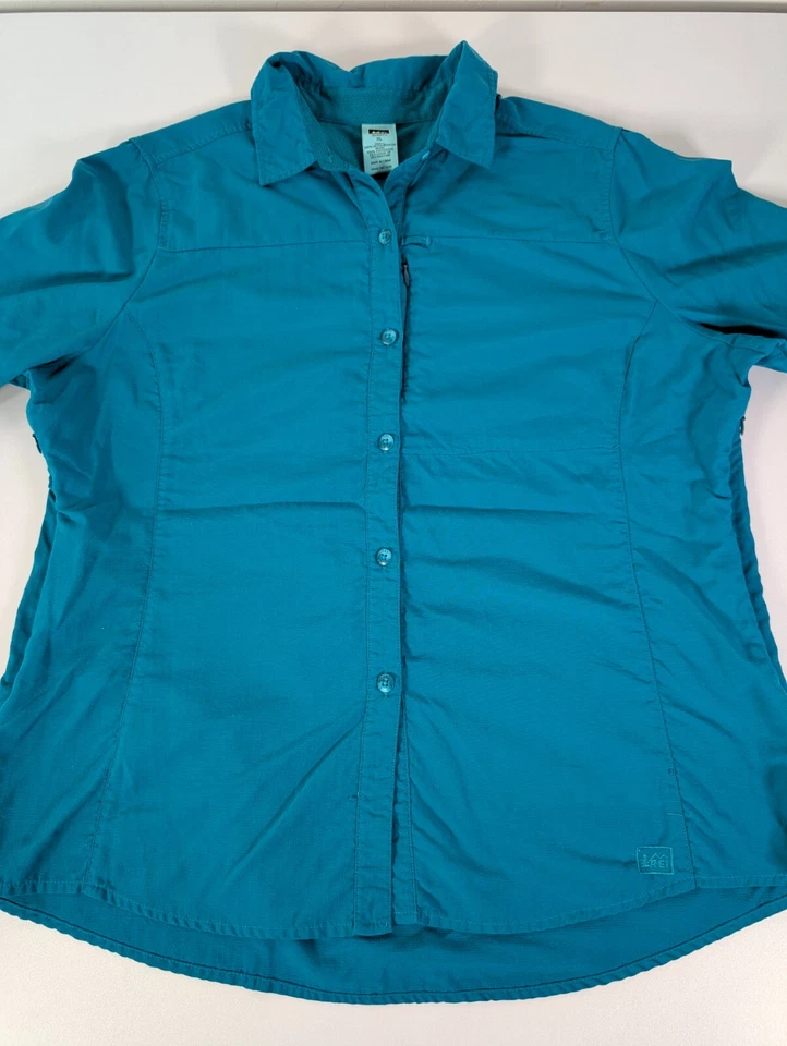 REI рубашка женщин XL зеленый бирюзовый кнопка вверх коротким рукавом Activewear молнии карман Топ - Изображение 3 из 4