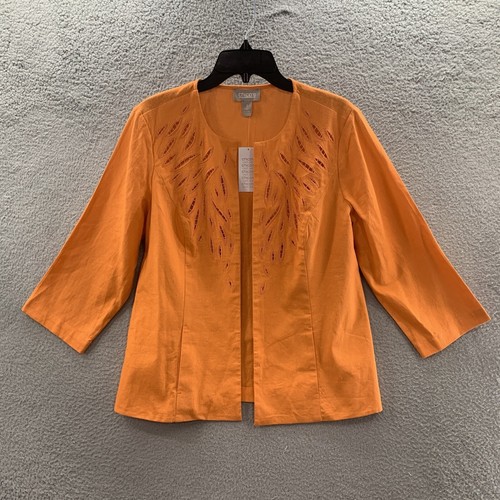 NWT Chico's Linen Cutout Citrus Blast Women’s 1/M Open Jacket Orange 3/4 Sleeves