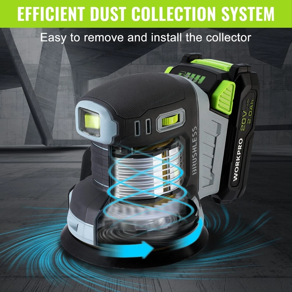 WORKPRO 20V Cordless Brushless Random Orbital Sander Set 6 Speed Electric Sander - Image 2 of 4