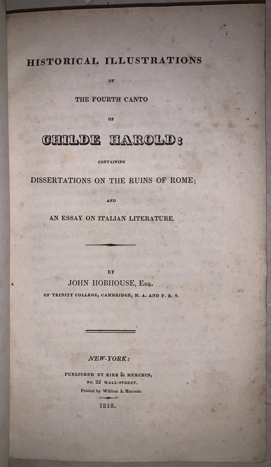 1818, 1st Ed, HISTORICAL ILLUSTRATIONS FOURTH CANTO OFG CHILD HAROLD, HOBHOUSE - Image 3 of 4