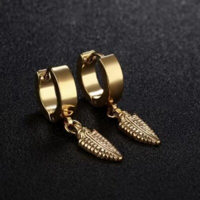 Gold Small Feather Drop Dangle Hoop Earrings Stainless Steel Jewelry Gift