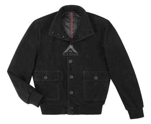 Men's Bomber Real Leather Jacket Button Up Black Goat Suede Blouson Biker Jacket - Picture 2 of 9