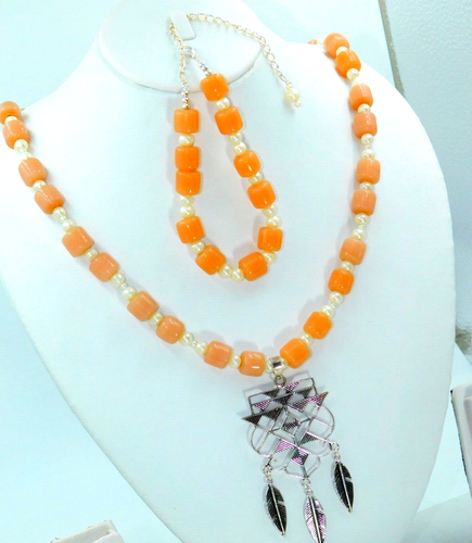 Collana con perline forma ruota pesca e perle geometria sacra ciondolo e bracciale - Foto 3 di 6