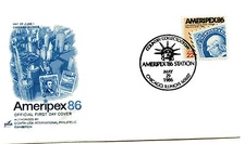 Ameripex86 Country Collectors Day, Blue ArtCraft, cancel