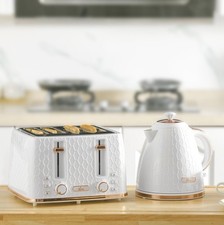 HOMCOM 1.7L Kettle & 4 Slice Toaster Set White Rapid Boil Defrost Reheat Tray