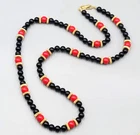 Vintage Black Red Bead Necklace Gold tone 32" Estate Costume Jewelry