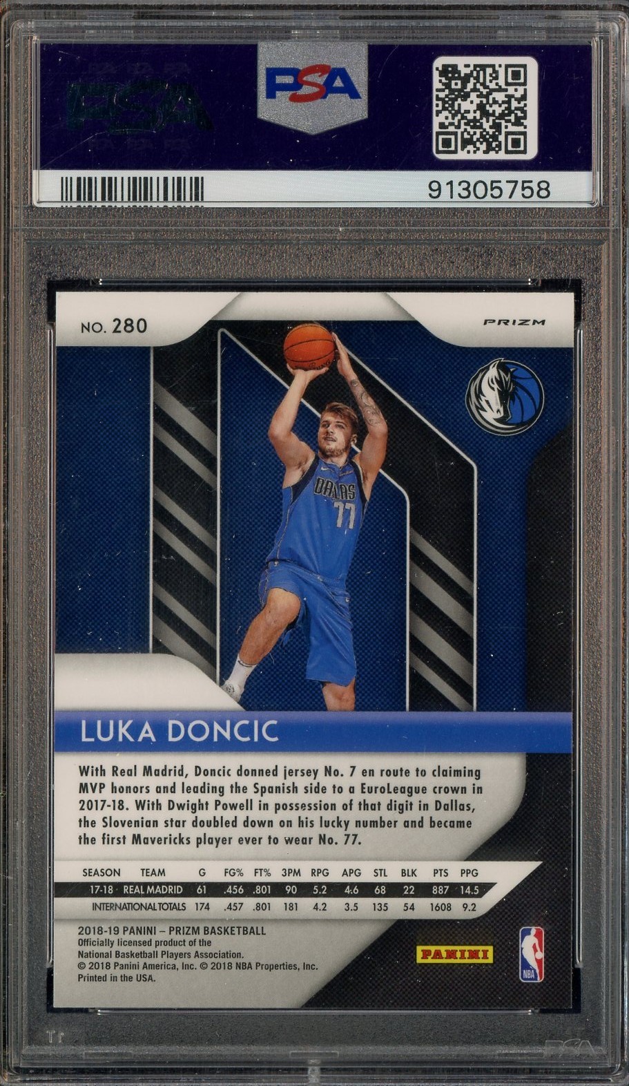 2018 Panini Green Prizm #280 Luka Doncic Mavericks RC Rookie PSA 9 MINT view 2