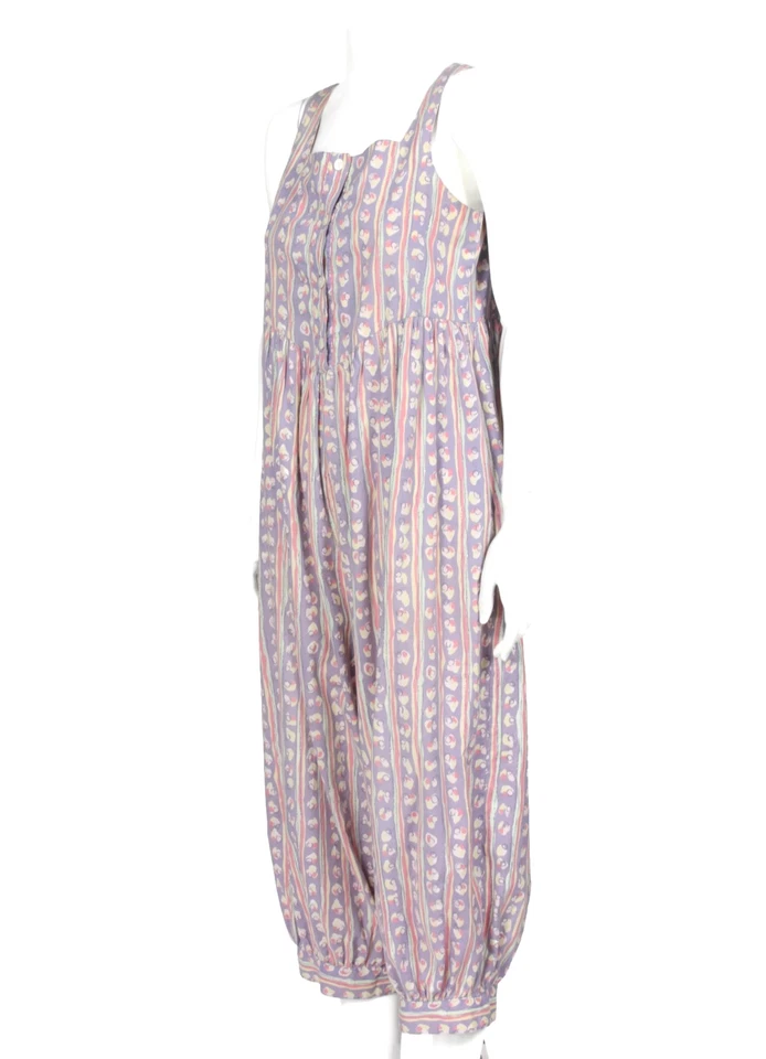 Vitnage 80 年代 LAURA ASHLEY 紫色抽象花卉纽扣前连身裤 尺寸 M /942 — 第 2/4 张图片