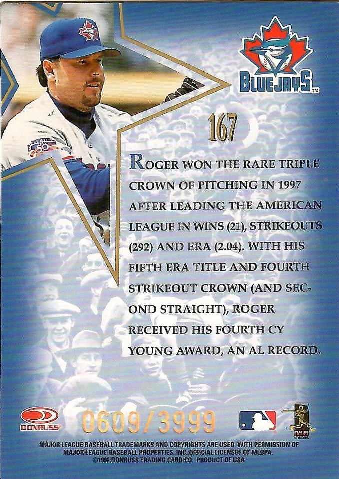 ROGER CLEMENS 1998 Leaf Fractal Foundations #167 SERIAL #609/3999 BLUE JAYS - Image 2 of 2