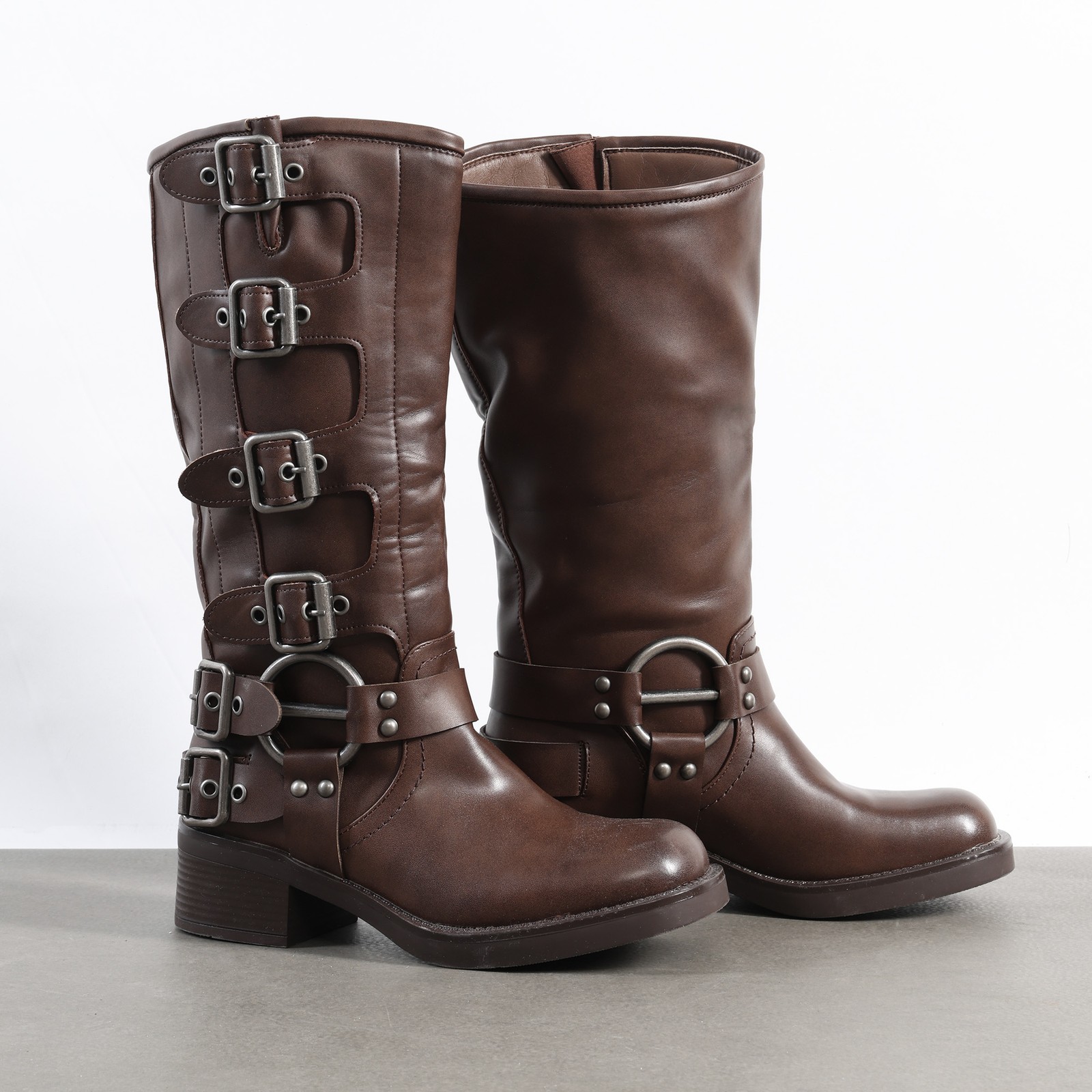 Women Motorcycle Boots Square Toe Low Chunky Heel Knee High Boots Riding Boots