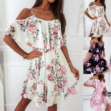 Womens Floral Boho Cold Shoulder Mini Dress Summer Beach Holiday Ruffle Sundress