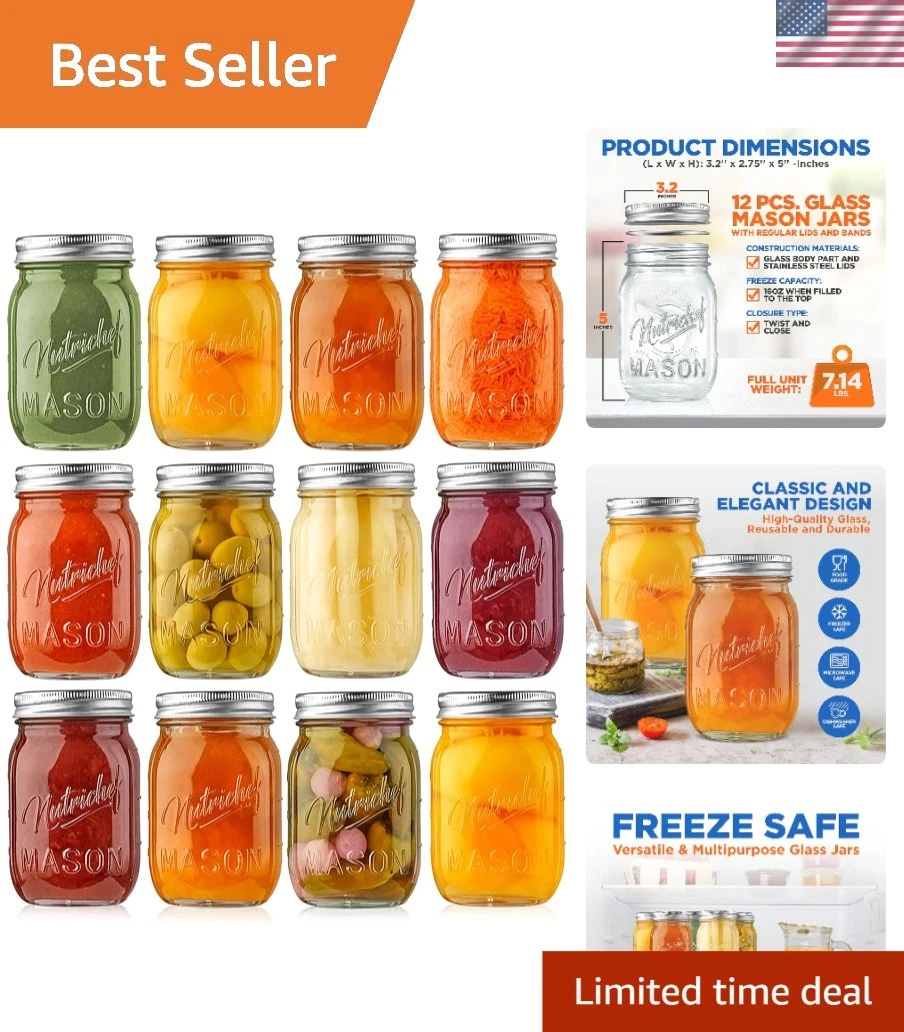 Glass Mason Jars 16oz with Airtight Lids Set of 12 Food Storage Canning Jars