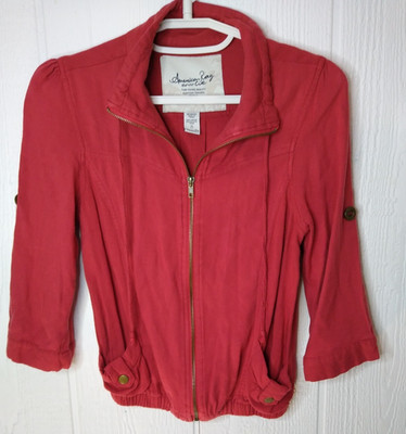 American Rag Cie Jacket Women S Red Orange Lightweight Rayon Full Zip 3/4 Sleeve