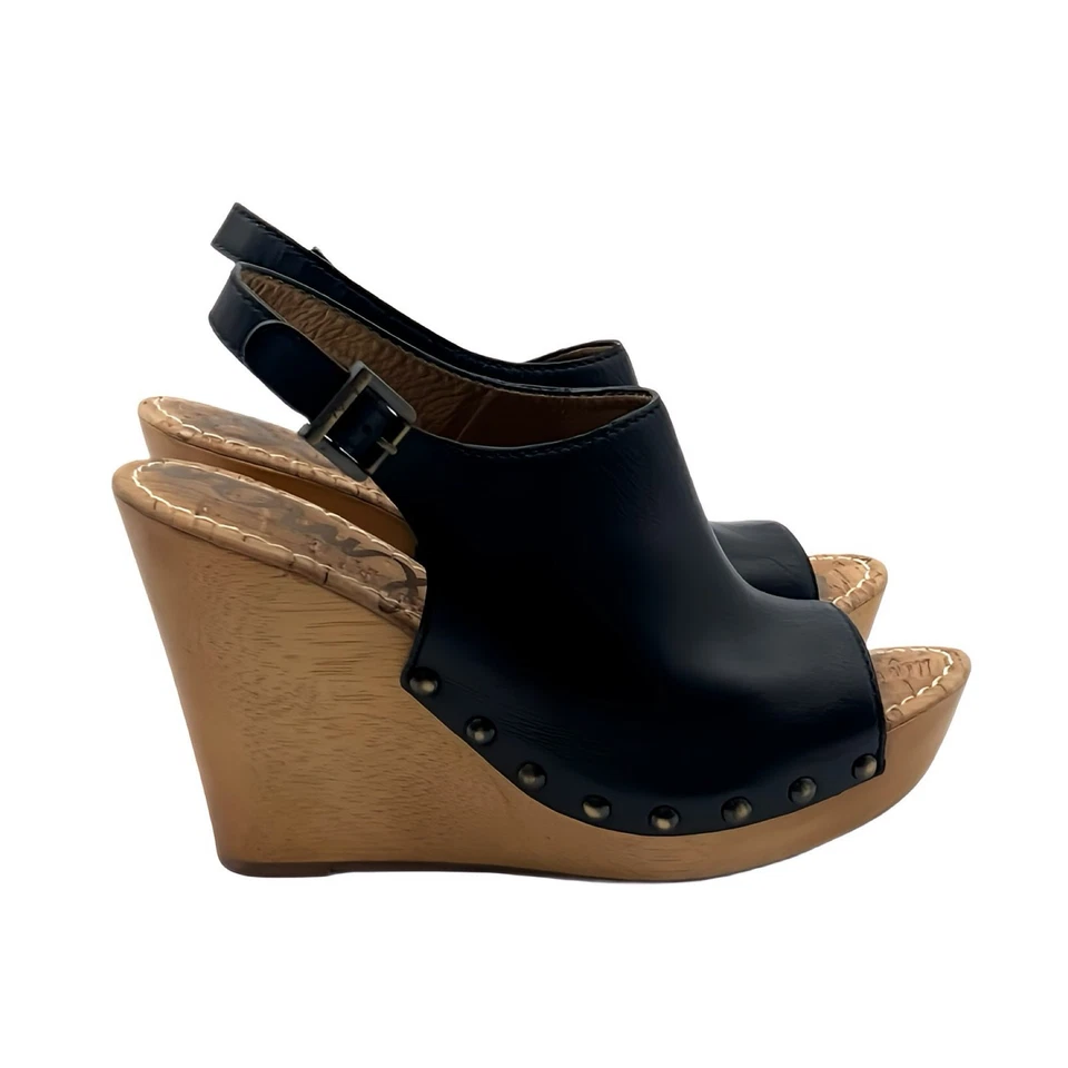 SAM EDELMAN Camilla Cuero Negro Tachonado Eslinga Madera Cuña Plataforma Talla 10 Foto 4 de 4