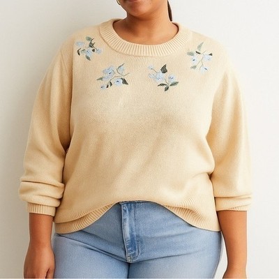 HM Yellow Sweater Blue Floral Design Knit Pullover Cottagecore Soft Aesthetic XL