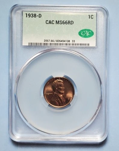 1938 D LINCOLN WHEAT PENNY CAC MS 66 RD #S281