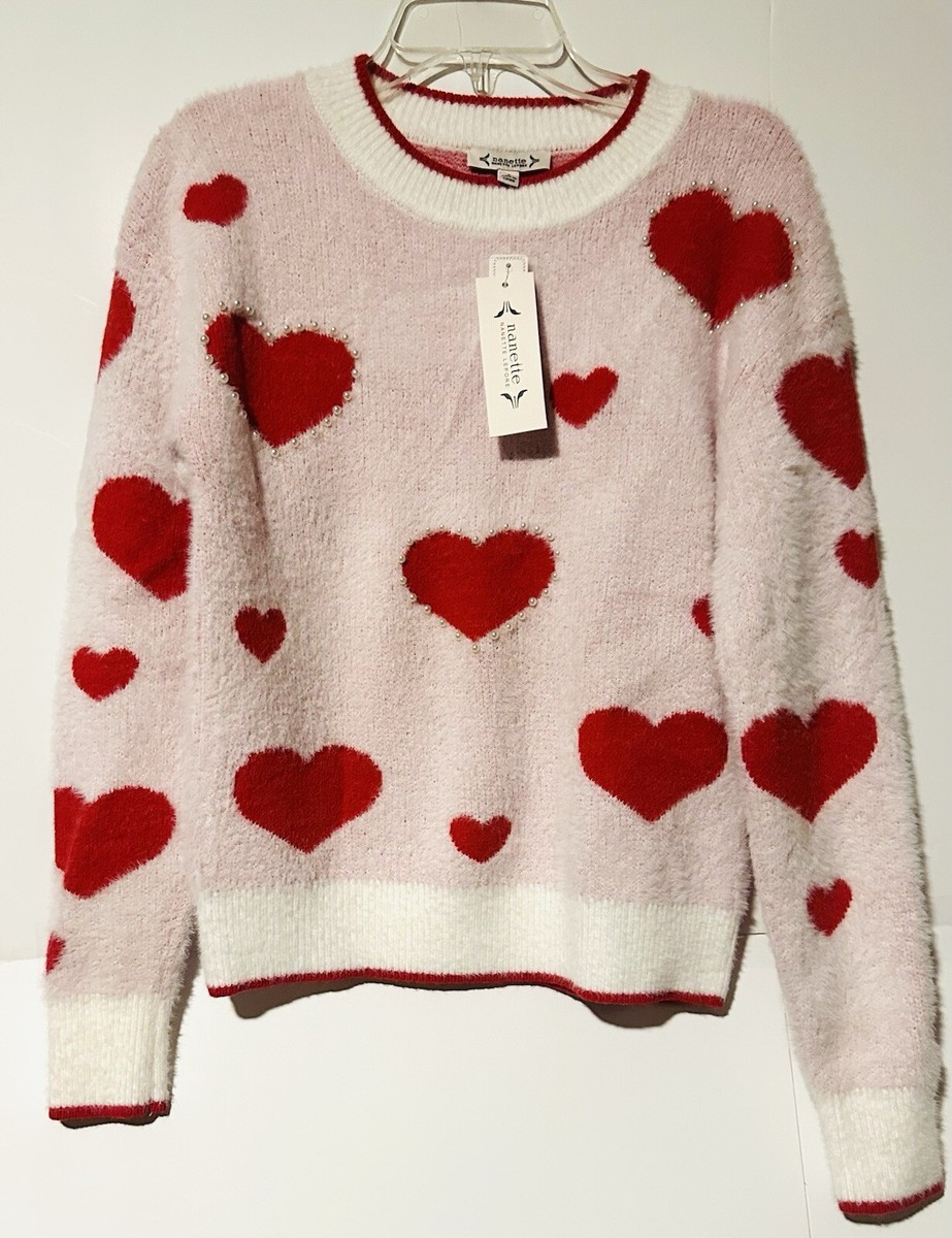 Nanette Lepore Womens Red Heart Pearl Print Valentine Pullover