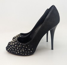 Giuseppe Zanotti Sz 8 Black Suede Rhinestone Embellished Peep Toe Stilettos