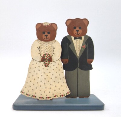 Vintage 1987 Folk Art Tin Sculpture Figure Signed Klopp Teddy Bear Bride Groom 