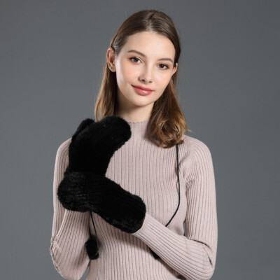 Women's Real Mink Fur Gloves Knitted Warm Wrist Stretch Mittens Sleeves W String