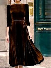 Stylish Brown Velvet Midi Gown Women Wedding Bridesmaid Prom Party Wear Dress