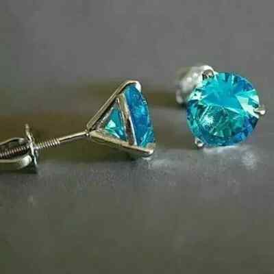 2Ct Round Lab-Created Diamond Blue Topaz Stud Earrings For Her 14k White Gold FN