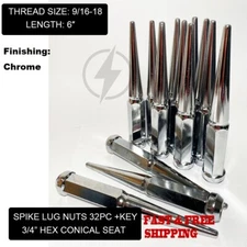 32Pc+Key Chrome 6" Tall Spike Lug Nuts 9/16-18 For 1994-2011 Dodge Ram 2500 3500