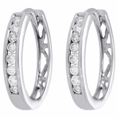 10K Weißgold Runde Diamant Channel-Set 15mm Scharnier Creolen 0,25 Ct. - Bild 1 von 4