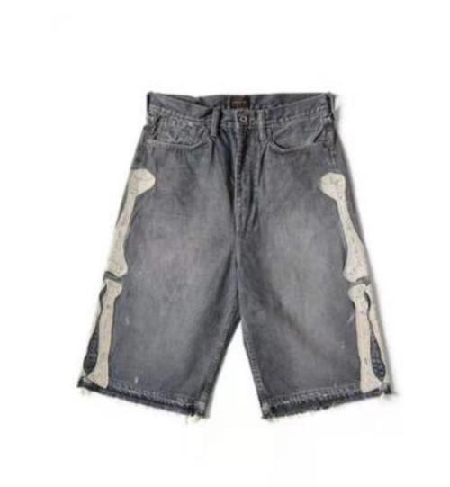 21SS KAPITAL Bone Embroidered Washed Distressed Denim Shorts