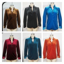 Lady Velvet Shirts Tops Blouse T-shirts Plush Retro Casual V Neck Pullover Retro