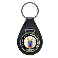 US Army 12th Aviation Brigade Veteran Black Leather Keychain Silver Keyring