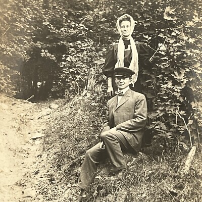 Antique RPPC Real Photograph Postcard Man & Woman Couple Outside Path Thru Brush