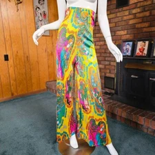 Vtg 60s Psychedelic Mod Art Nouveau Neon Ribcage Elephant Bell Palazzo Pants M/L