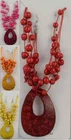 SILVER CORD HOT PINK, RED, ORANGE OR YELLOW WOOD BEAD TEAR DROP NECKLACE  SET