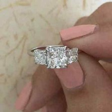 3.50 Ct Cushion Cut Moissanite Three-Stone Engagement Ring 14K White Gold Plated