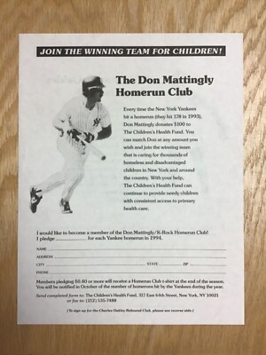 1994 Don Mattingly New York Yankees Home Run Club Form