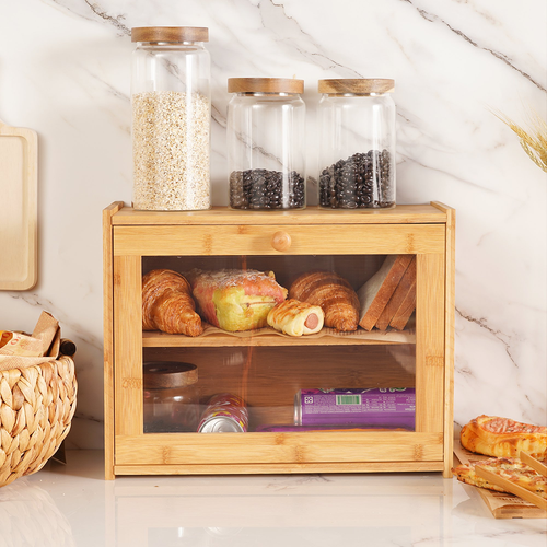 2 Layer Bamboo Bread Box Kitchen Food Storage Bin Large Capacity Portable - Picture 12 of 12