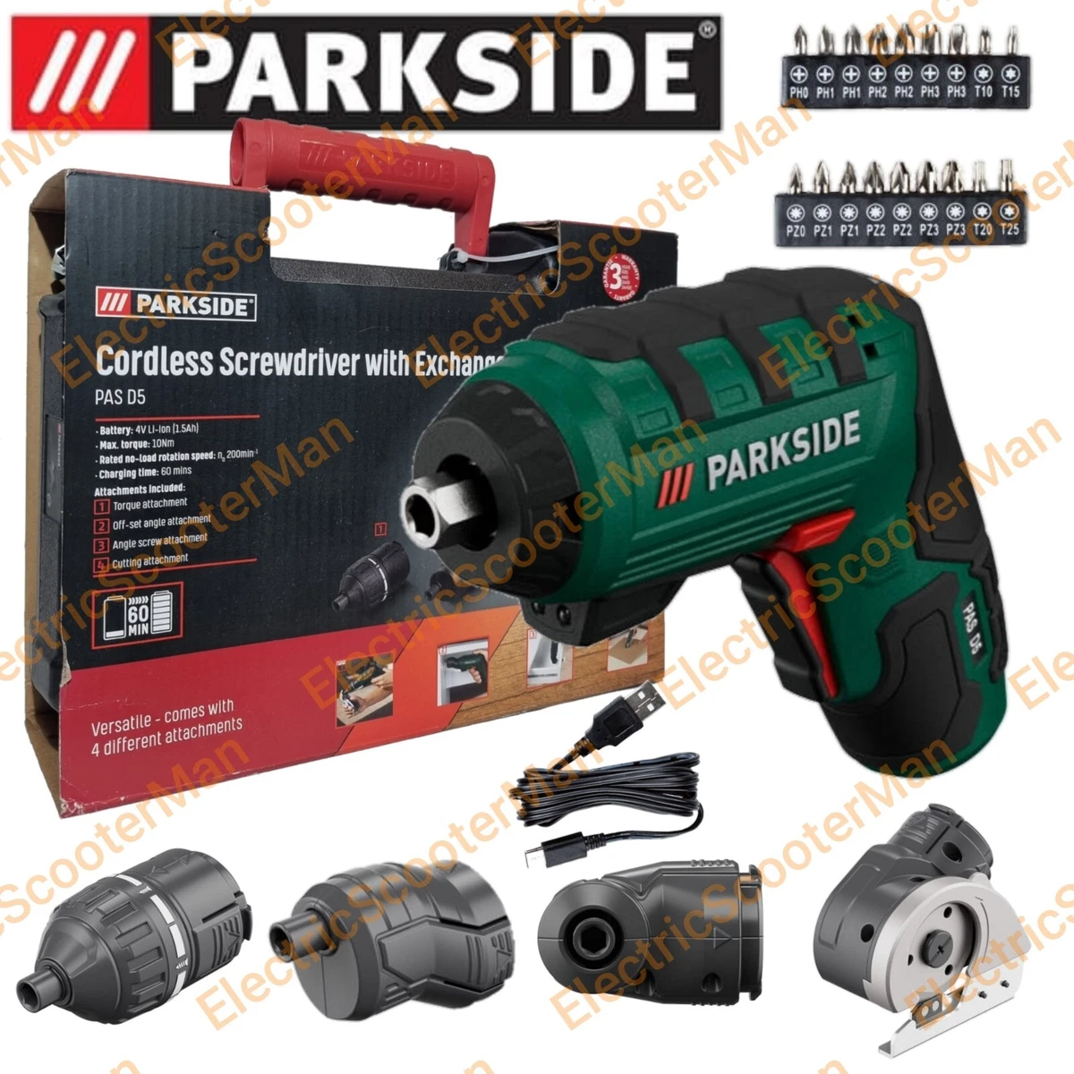 Parkside 4V Cordless Screwdriver With 4 Exchangeable Attachments + 26 Bits  | eBay