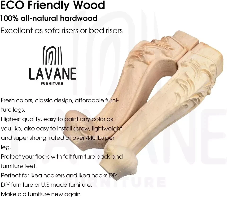 10 Inch / 25Cm Wooden Furniture Legs, Set of 4 European Style Solid Wood Carving - Image 3 of 4