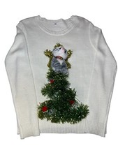 Suéter Feo Navidad "Gato en el Árbol de Navidad" - Para Mujer Talla M