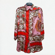 Satin Shirt Dress Long Sleeve UK 10 Women Button Print Tunic Pink Collar Hippie